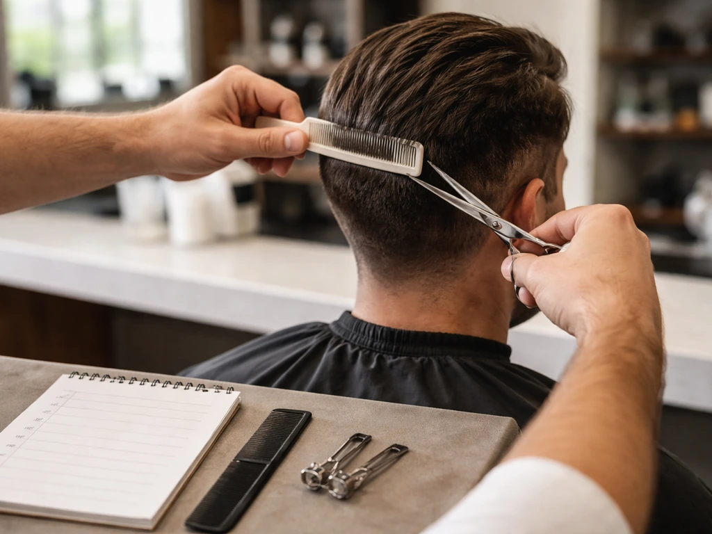 Barber trims the front/side with scissors and comb guard while a blank checklist notepad sits on the counter.