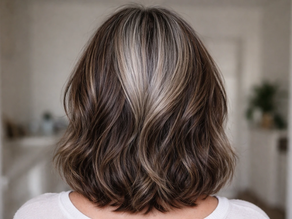 Back-of-head view showing gray regrowth blending with darker lowlights in natural tones.