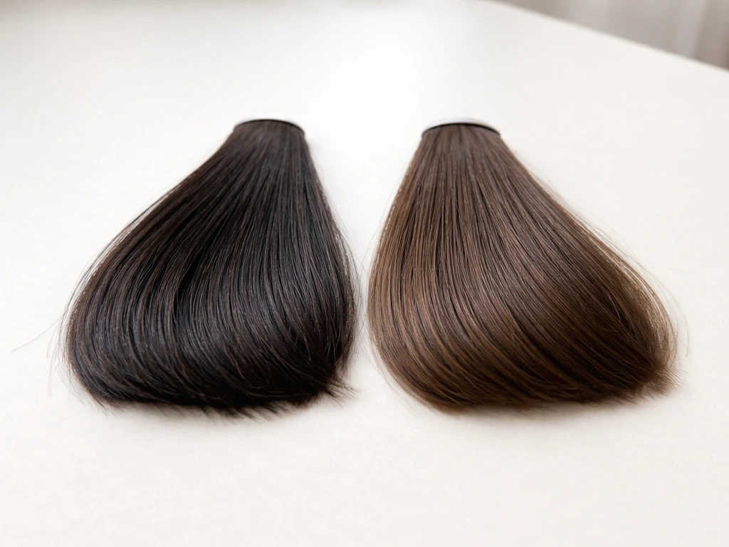 Hair-color swatches showing a too-dark espresso gray-blending lowlight versus a natural toned option in soft light.