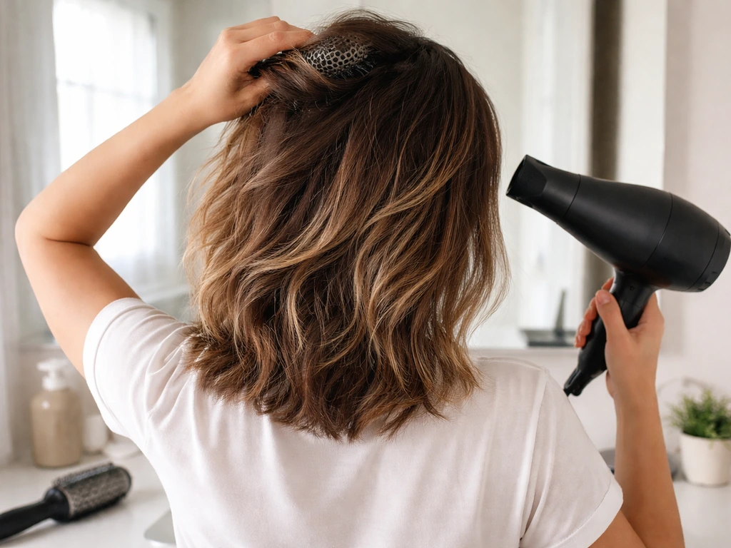 Person styling mid-grow-out hair with a textured blowout, soft waves in natural bathroom light