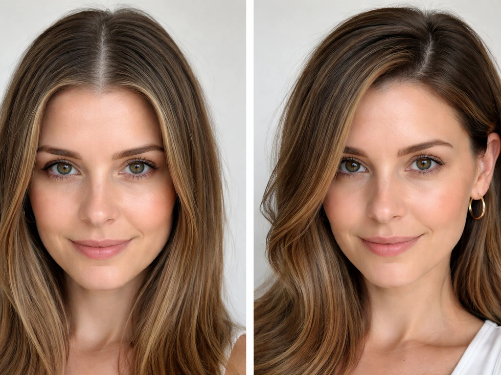 Two simple hair part styles side-by-side: center part and deep side part hiding root regrowth lines