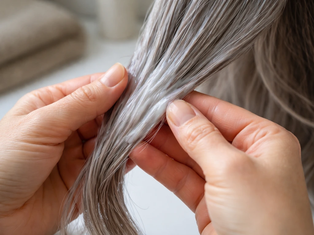 Hands apply pearly conditioning gloss to gray hair, showing smooth, hydrated texture in soft light.