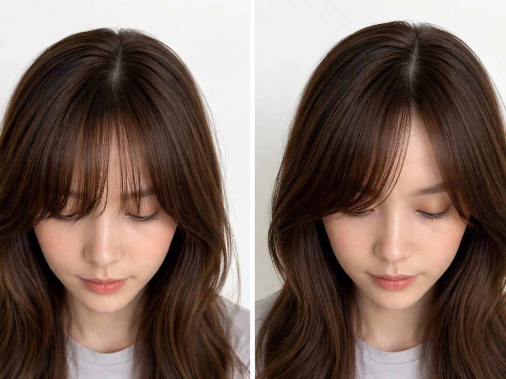 Top-down split view showing a single person’s hair before and after growing out bangs and face-framing layers