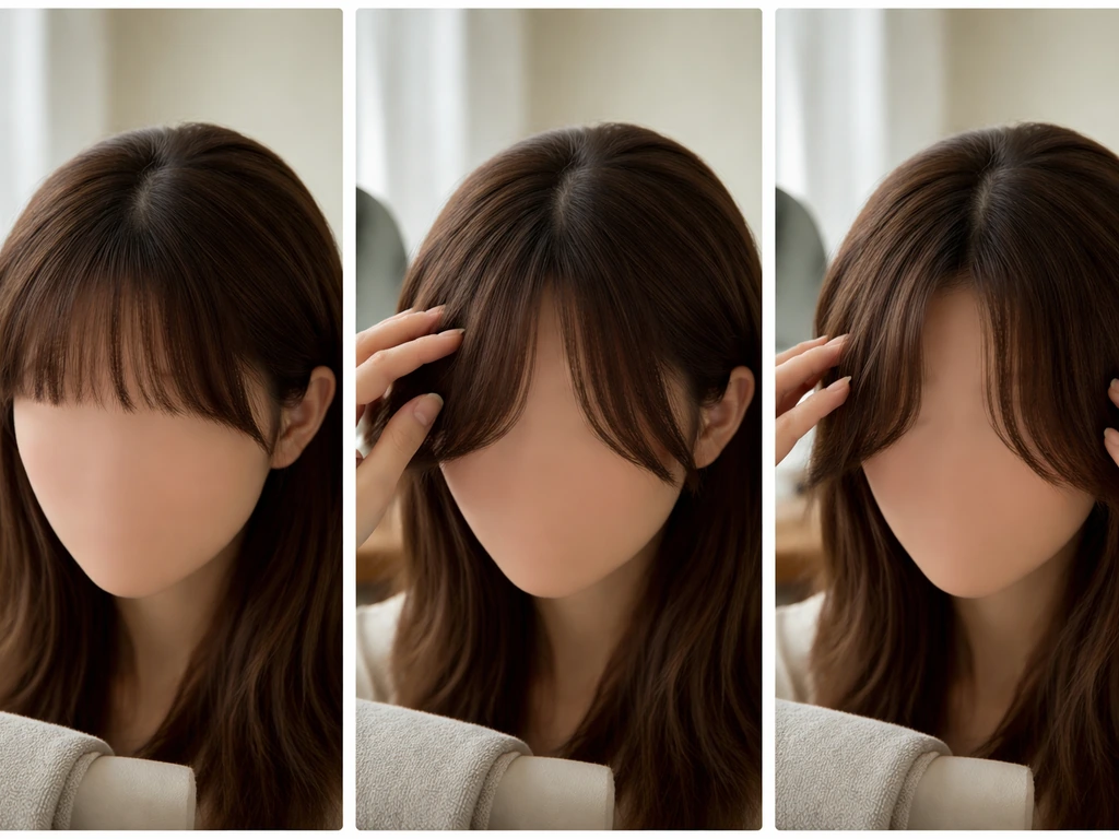 Three-step photo showing hair fringe transitioning to side-swept bangs and a curtain fringe