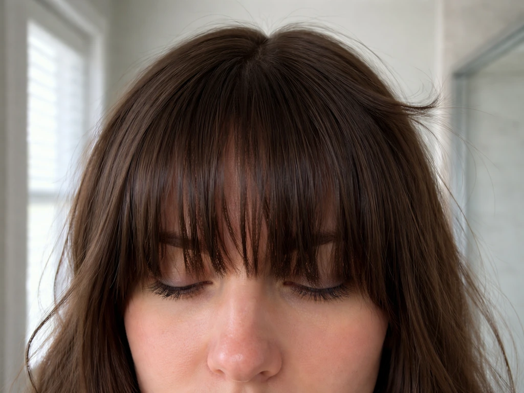 Unidentifiable close-up showing blunt bangs at brow level falling unevenly in an awkward grow-out stage.