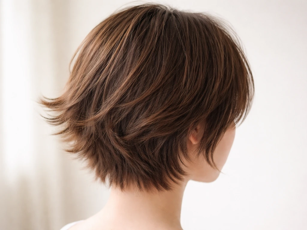 Short hair layers flip outward into a triangular, poofy shape with soft air-dry volume.