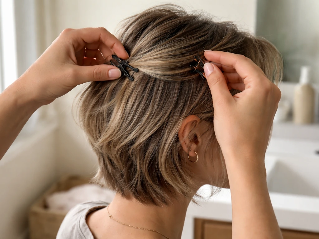 Hands using claw clip and bobby pins to pin side bangs while styling short grow-out hair.