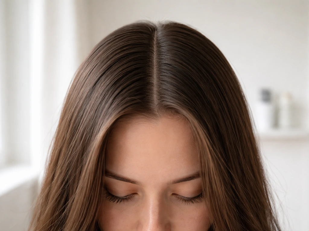 Clean, flowy middle part with hair evenly swept left and right, split line visible