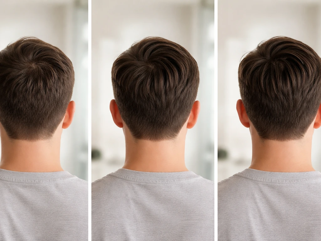 Shoulders-up view with hair in three realistic stages, showing how a center part settles over time.