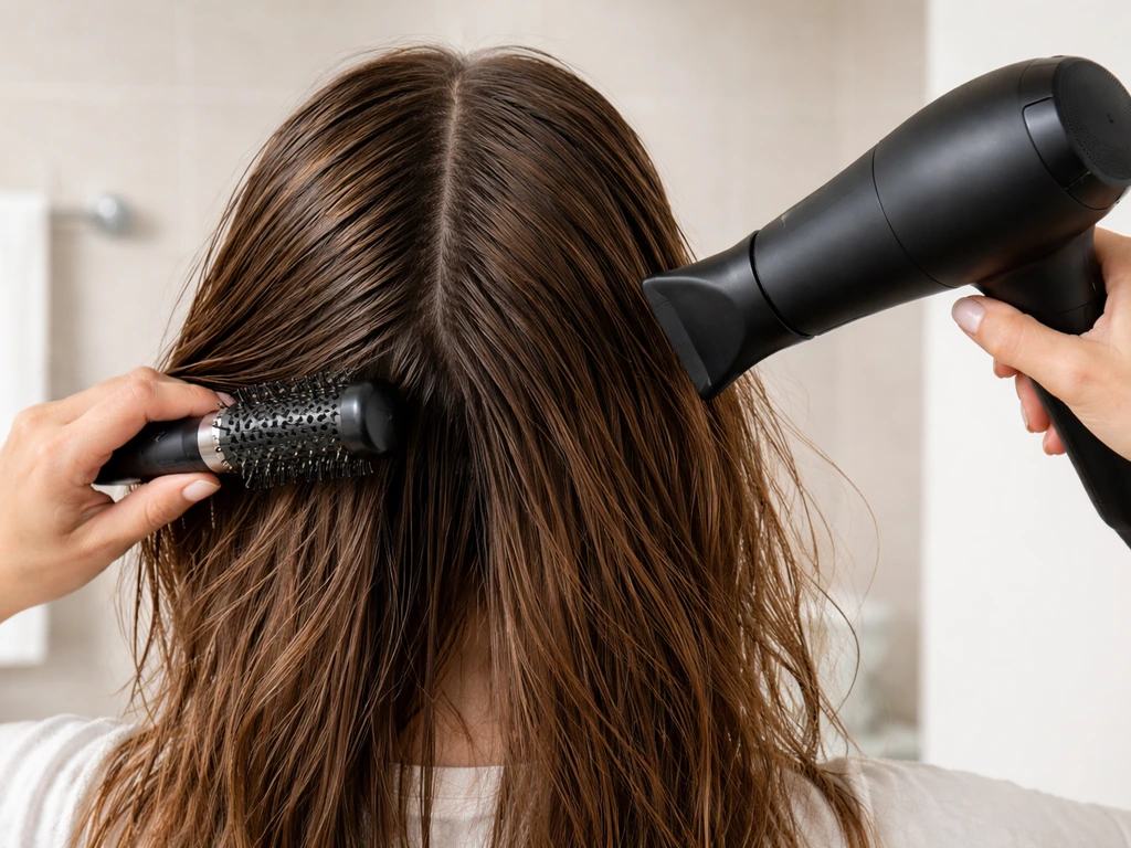 Centered part while damp hair is blow-dried and brushed down the side sections during wash day.