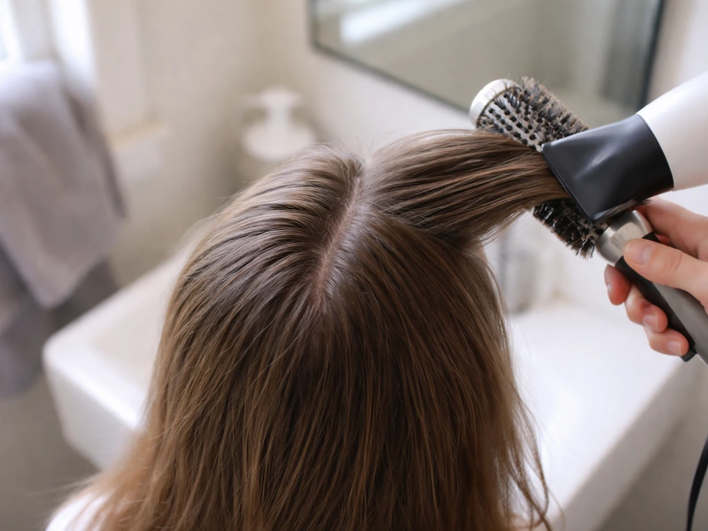 Close-up of hair part collapsing, with hands blow-drying a damp section to help it sit.