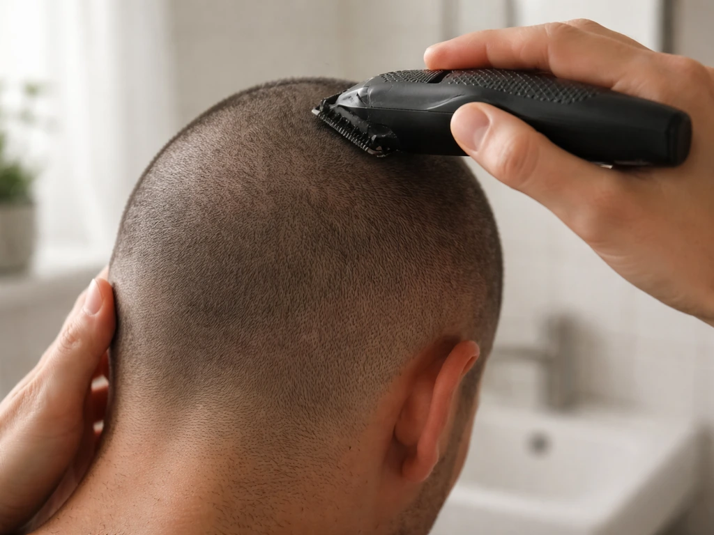 Close-up of clippers shaving a person’s scalp as the starting point for a grow-out plan