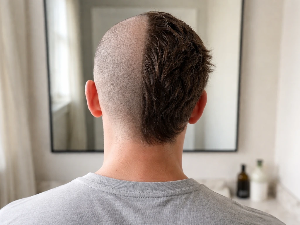 Anonymous person in a simple bathroom showing one side shaved to near-zero and the other still growing out.