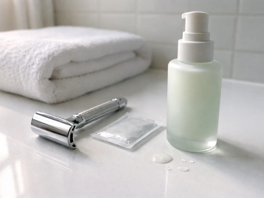 Sharp clean safety razor beside sanitizer and soothing aftershave lotion on a bathroom counter.