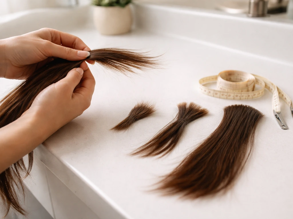 Close-up of hair length progression with a measuring ribbon and clips on a bright counter.