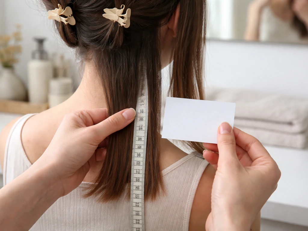 Person measuring hair length at a bathroom vanity with a tape measure, clips, and a blank reference card.