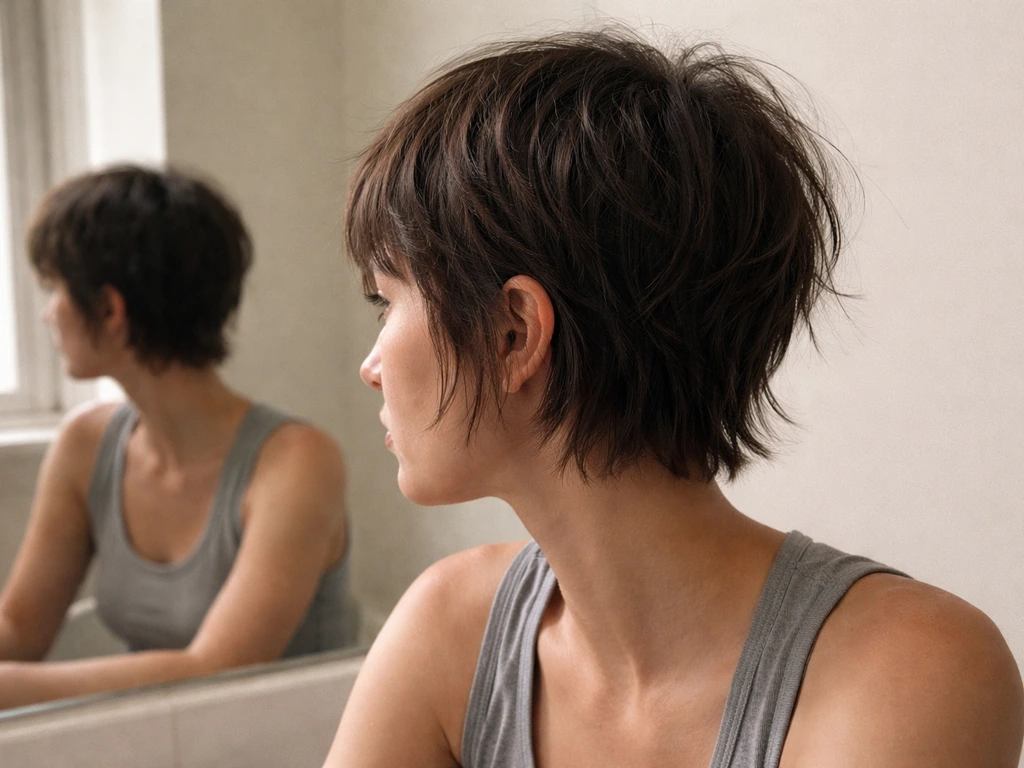 Short pixie hair mid-grow-out looks uneven at ears and cheeks with flyaways in soft natural light.