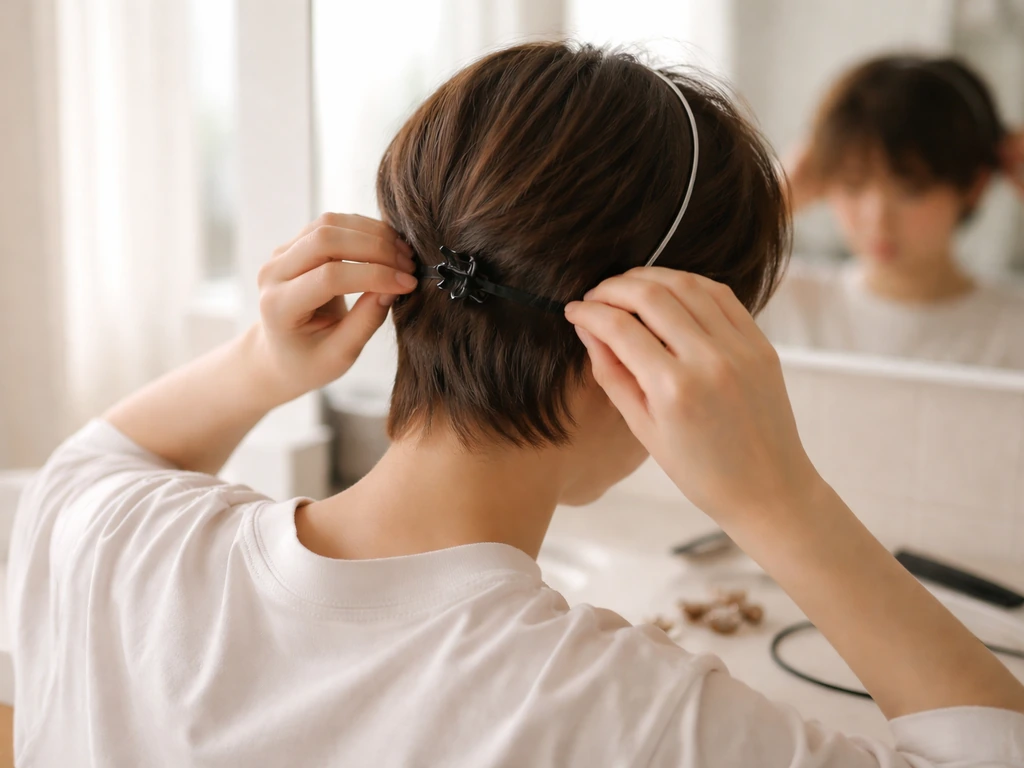 Anonymous person adjusting a hair clip and headband at a bathroom vanity in natural light.