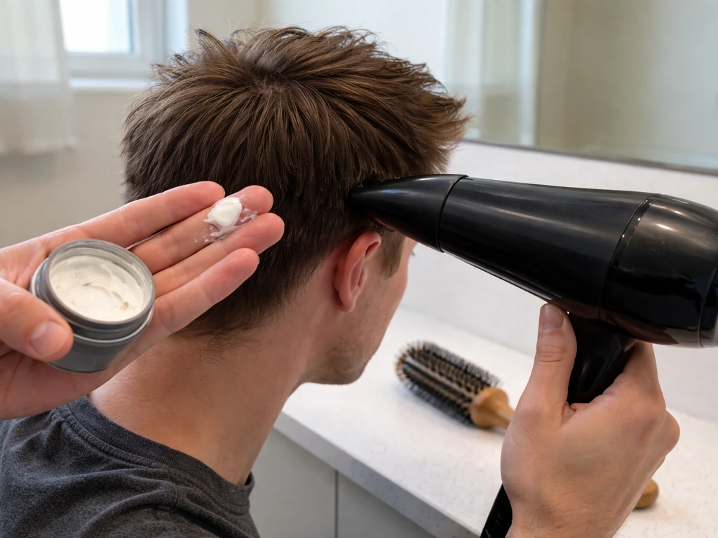 Hands styling short hair with product and a blow-dryer on a simple bathroom counter
