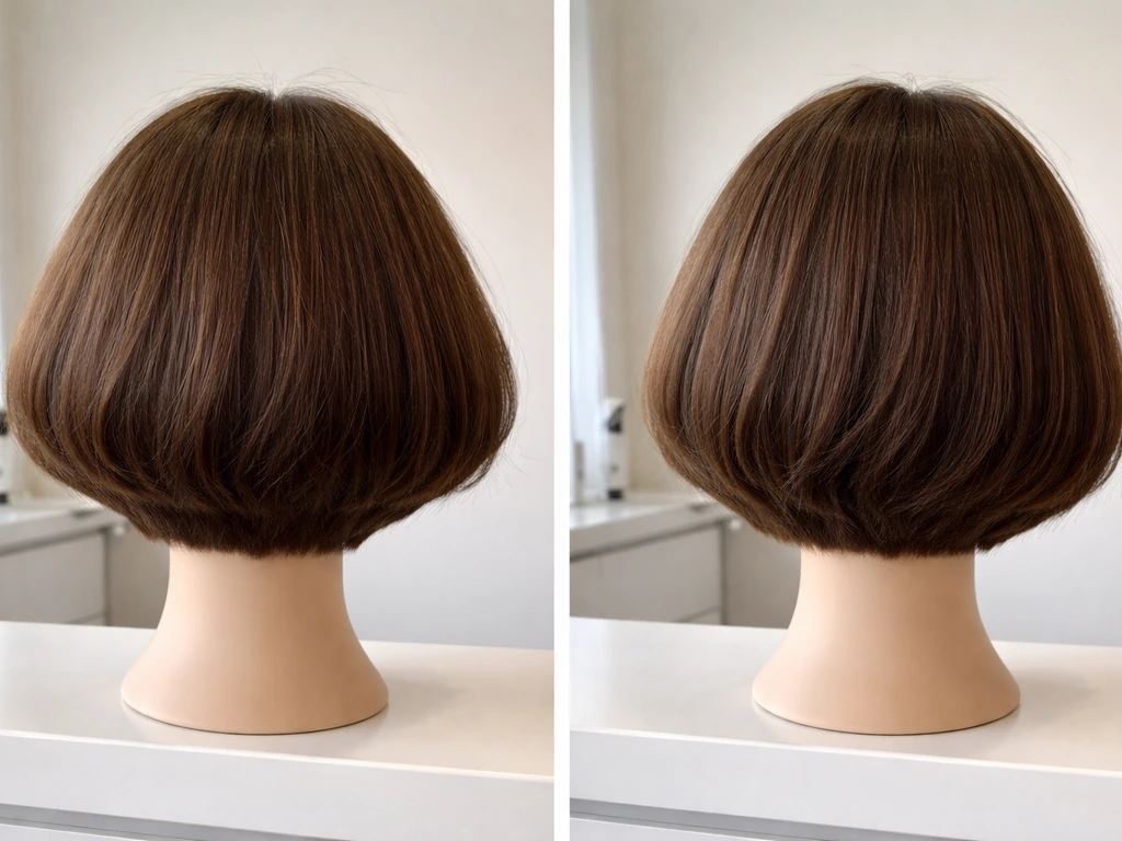 Two hairstyle mannequin heads showing bob grown out into triangle/mushroom vs softened layered ends