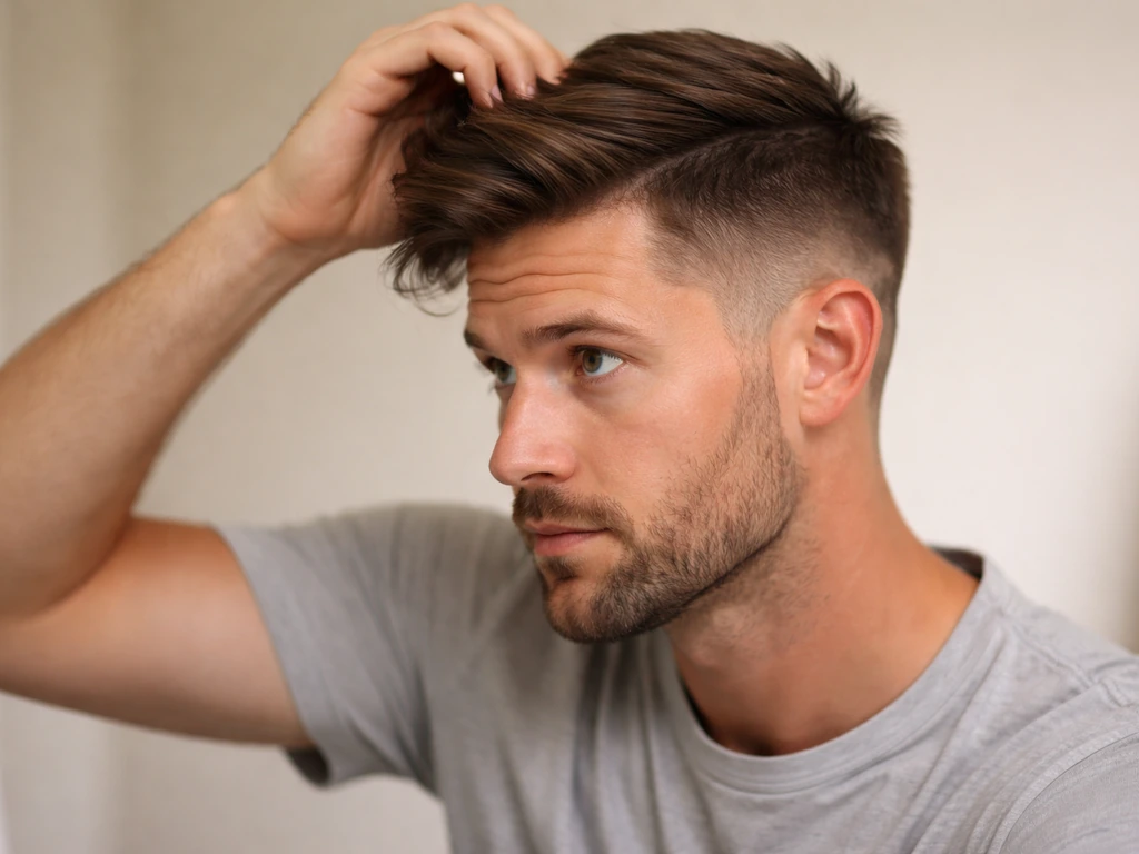 Man styling a haircut: longer brushed-over top blending with very short undercut sides in natural light.
