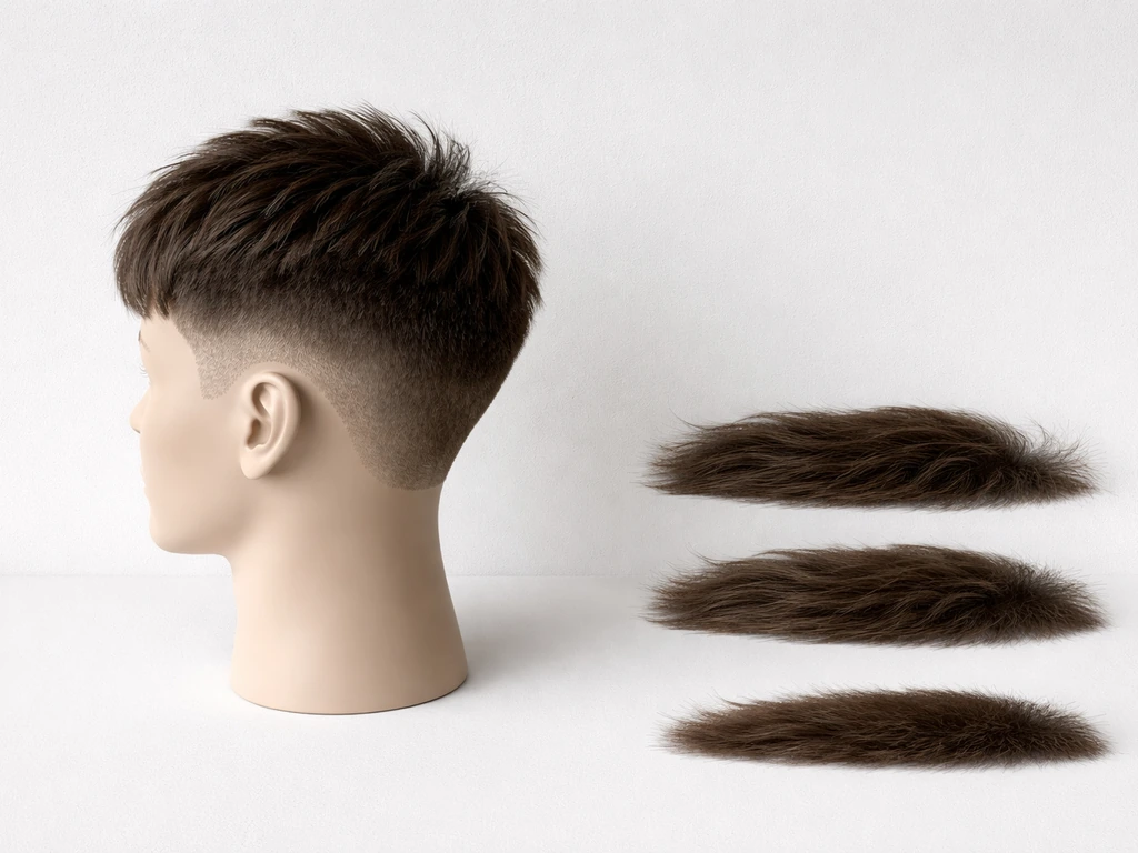 Minimal photo showing a mannequin head with hair segments indicating top growth and shorter undercut sides.