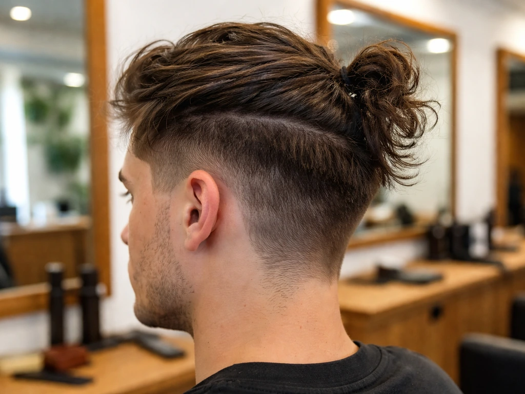 Close-up of messy grow-out haircut with overgrown undercut sides and longer top in a barbershop.