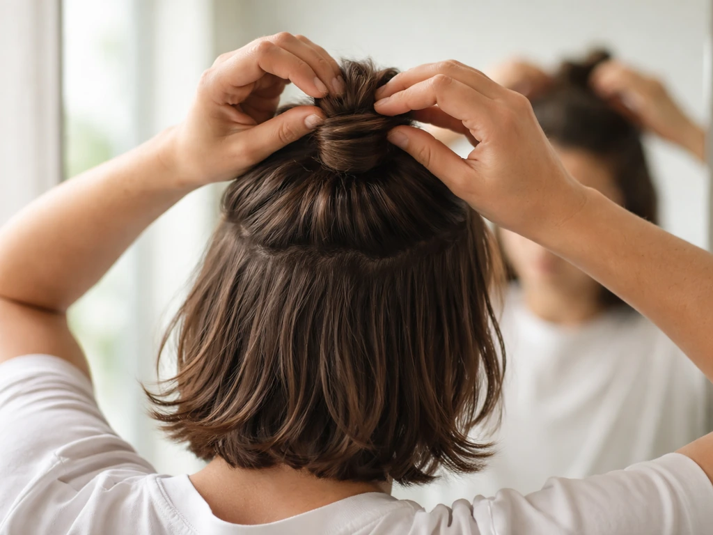 Hands gather intermediate-length hair into a small ponytail pseudo-bun at the crown in a bright bathroom.