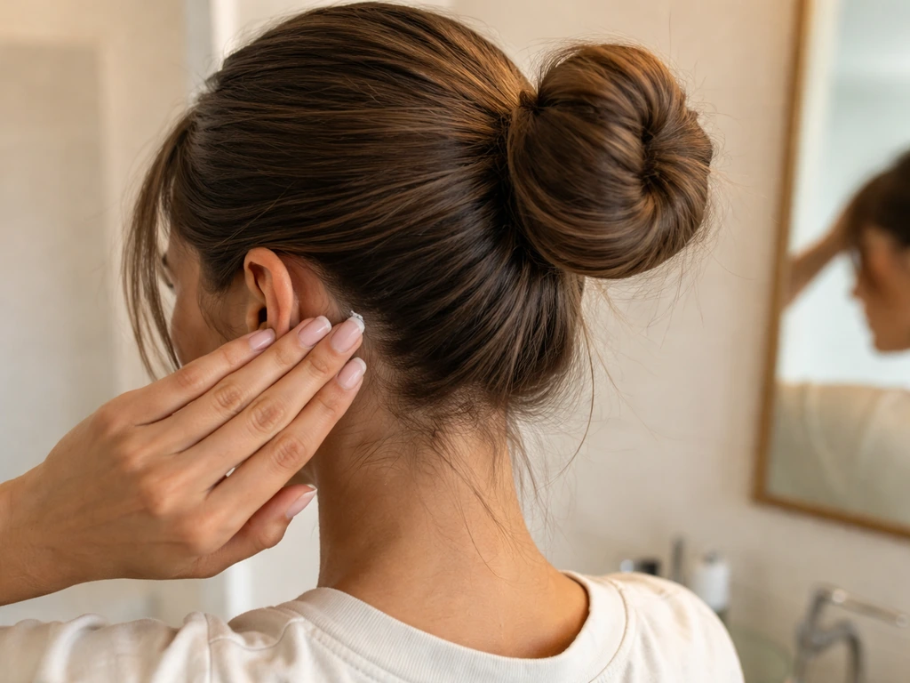 Hands smoothing short flyaway hairs near the face and ears before tying an early bun.