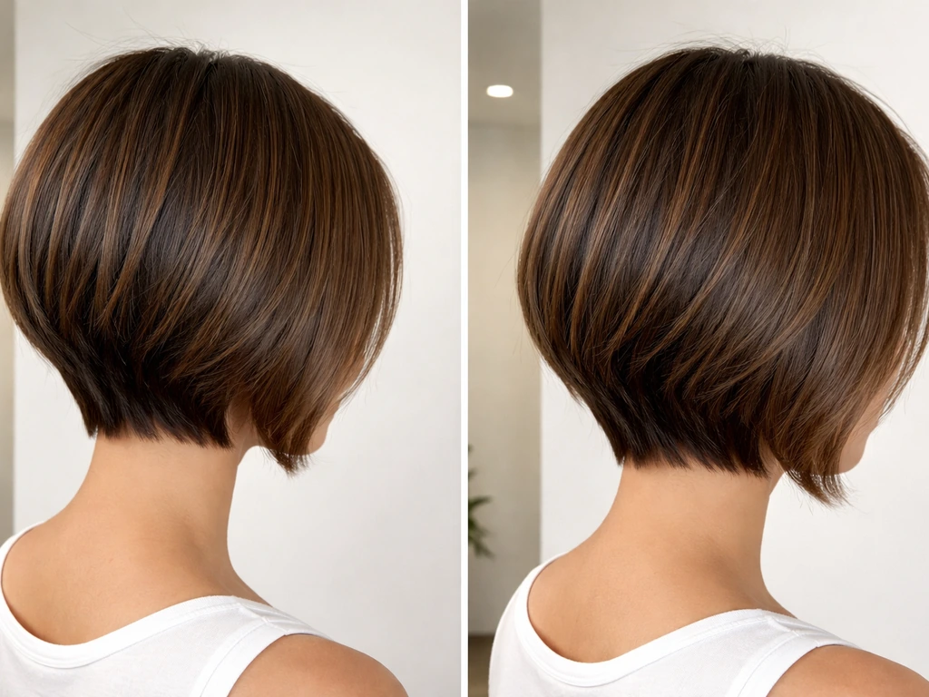 Composite showing an angled bob with longer front and shorter back transitioning as it grows out.