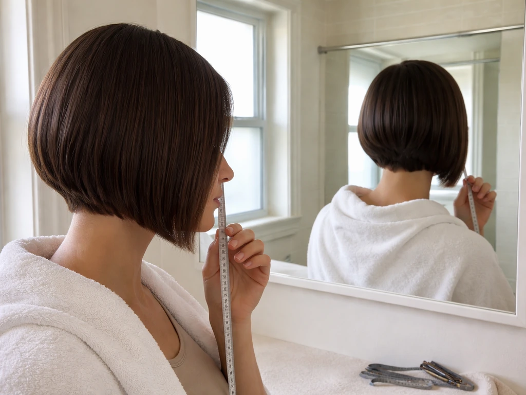 Person’s reflection in two mirrors used to measure an angled bob’s front and back lengths.