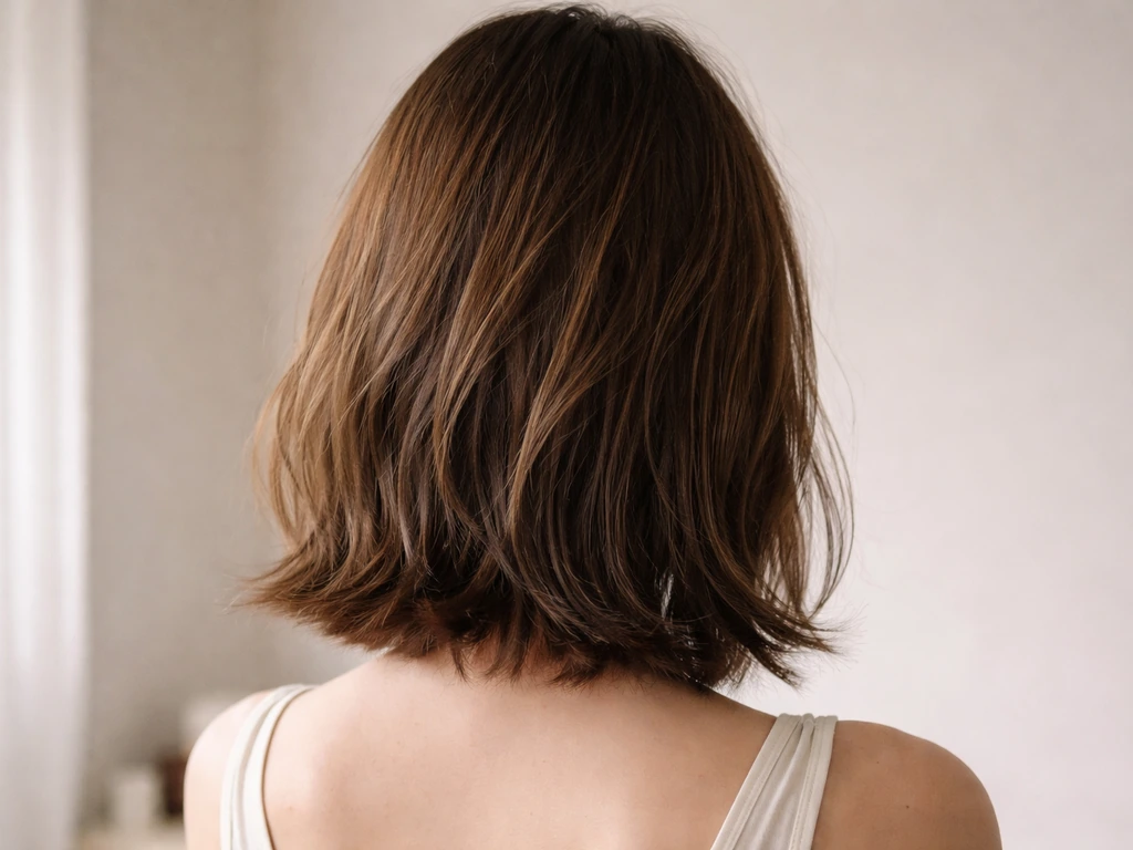 Back view of medium-length hair just past a bob, neckline visible as the angle softens