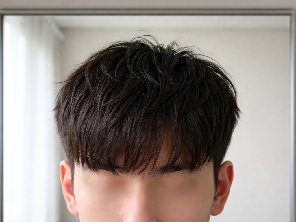 Hair close-up showing a two-block grow-out: shorter sides/back and longer forward fringe.