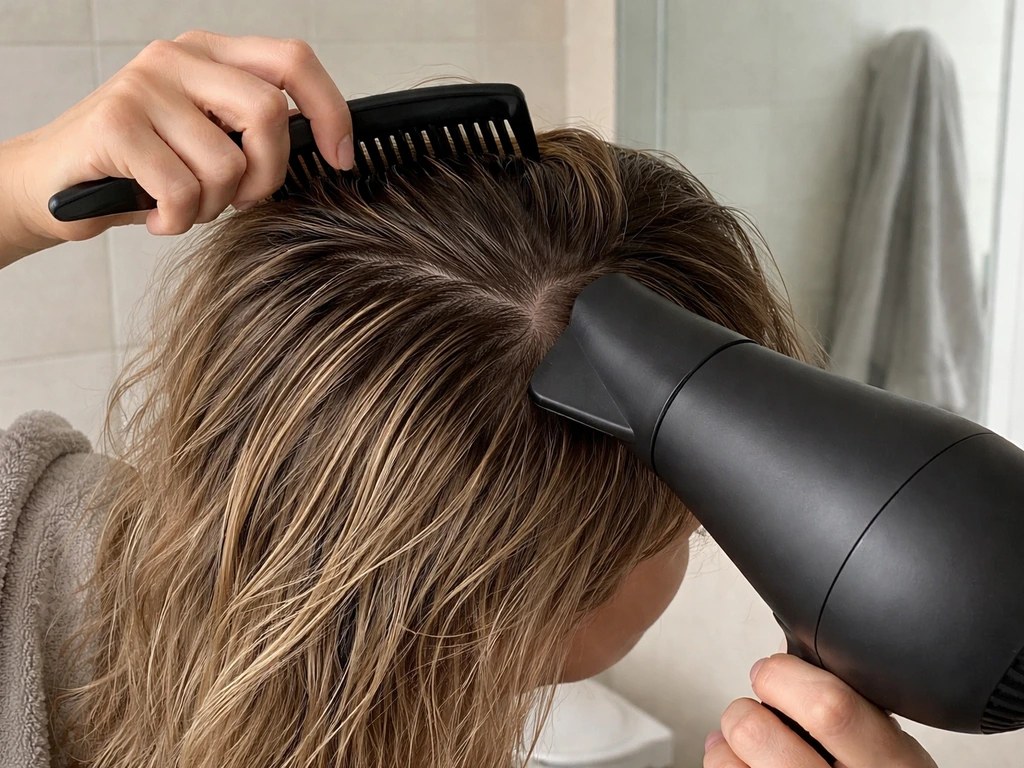 Hands blow-drying damp grow-out hair at the roots with airflow directed for a neat side part.