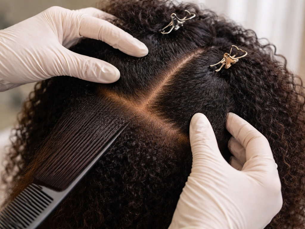 Person sectioning hair into small parts with clips, measuring new growth vs relaxed portion.