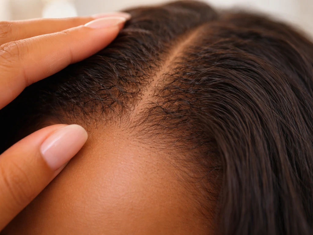 Close-up of fresh curly root regrowth blending into straighter relaxed hair.
