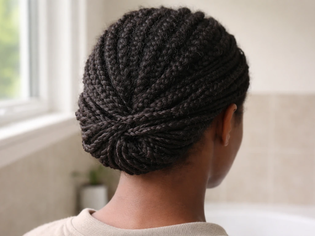 Close-up of natural roots with coiling and loose twists/braids tucking relaxed ends away.