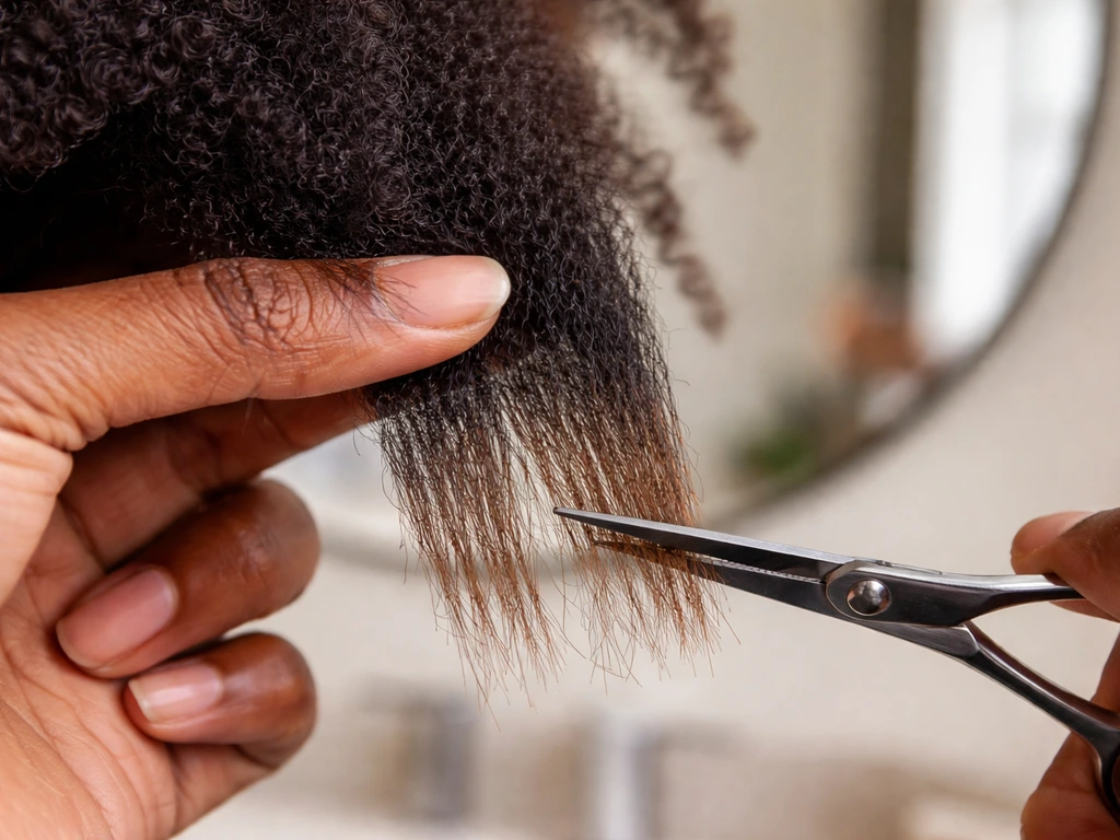 Close-up of fingers comparing a hair demarcation line while trimming only the weak relaxed ends.