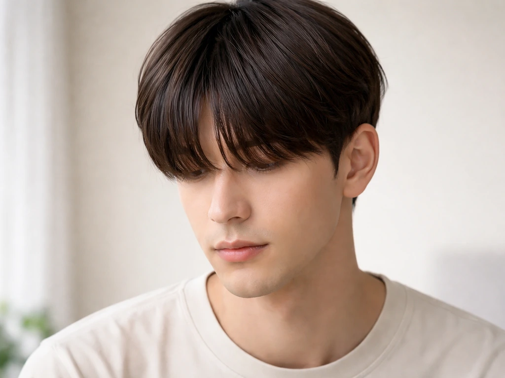 Anonymous man with neatly styled forward fringe bangs in soft natural light, minimal indoor background.