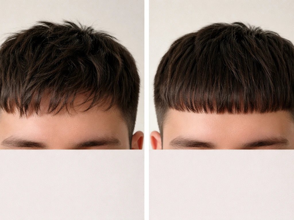 An anonymous forehead with two side-by-side fringe styles: short textured training left, bold straight-across right.