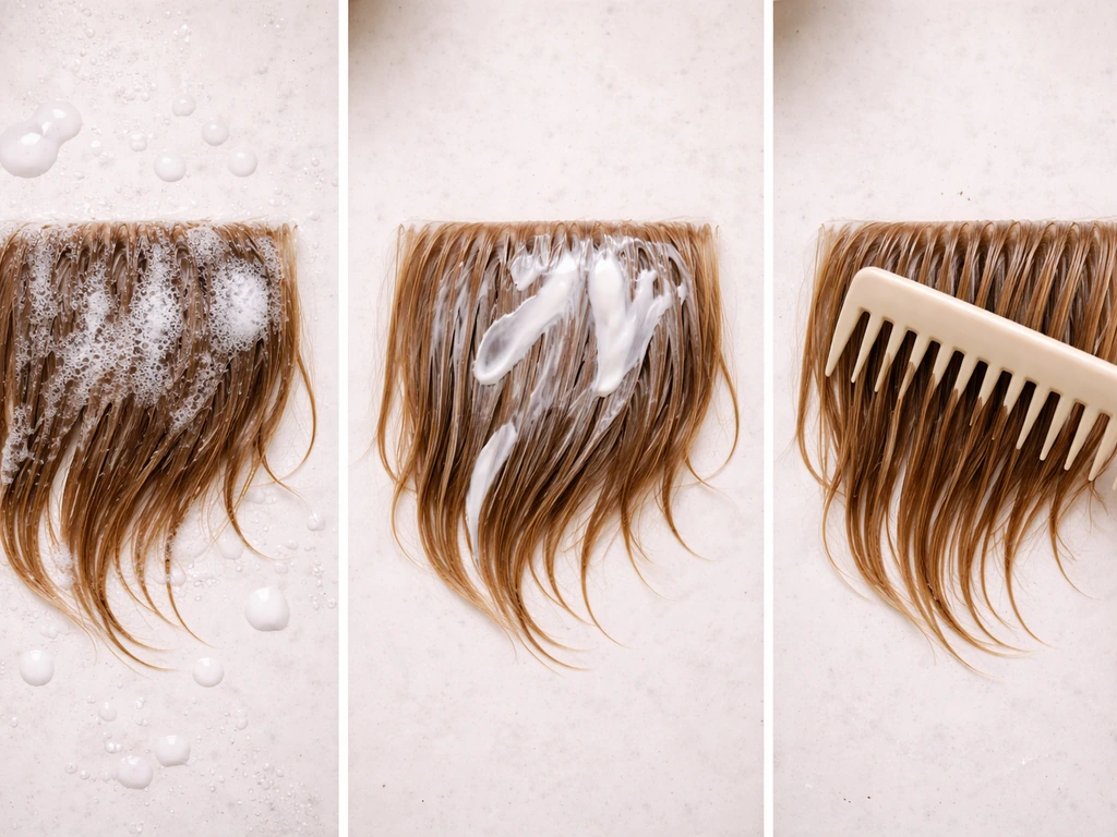 Top-down view of fringe hair care: shampoo wash, conditioner, then detangling with a wide-tooth comb.