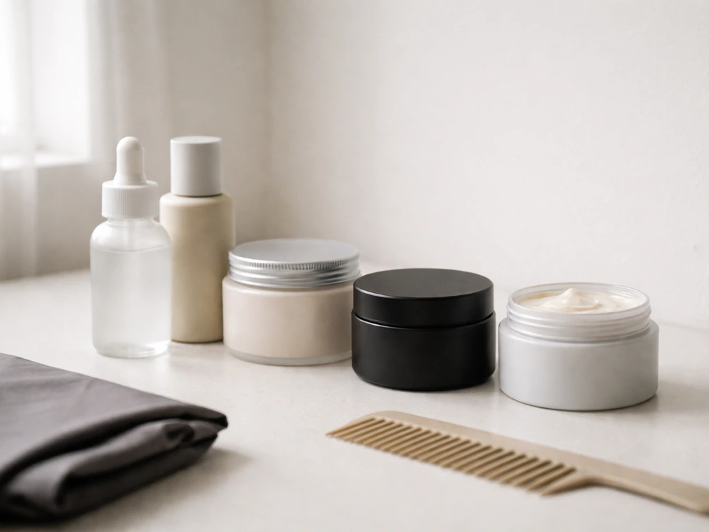 Hair styling products on a bathroom counter, showing early training vs later hold textures.