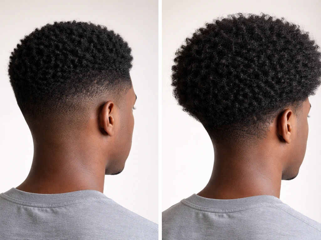 Split before-and-after of an anonymous haircut: neat taper afro growing into a fuller rounded afro.