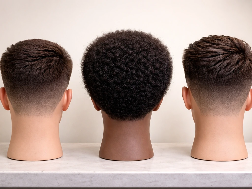 Three mannequin heads showing taper, rounded afro, and a blend—hair shape differences on sides/back.