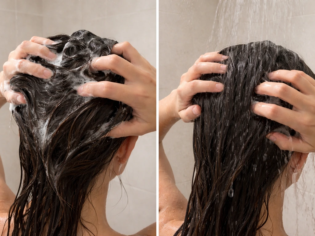 Hands applying shampoo with fingertips to wet hair at the shower, then rinsing