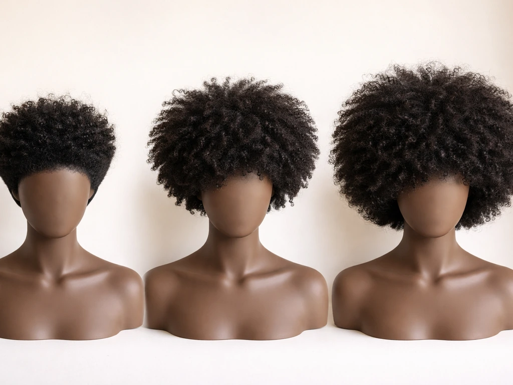Minimal month-by-month grow-out scene with a natural hair afro at three lengths in a simple timeline.