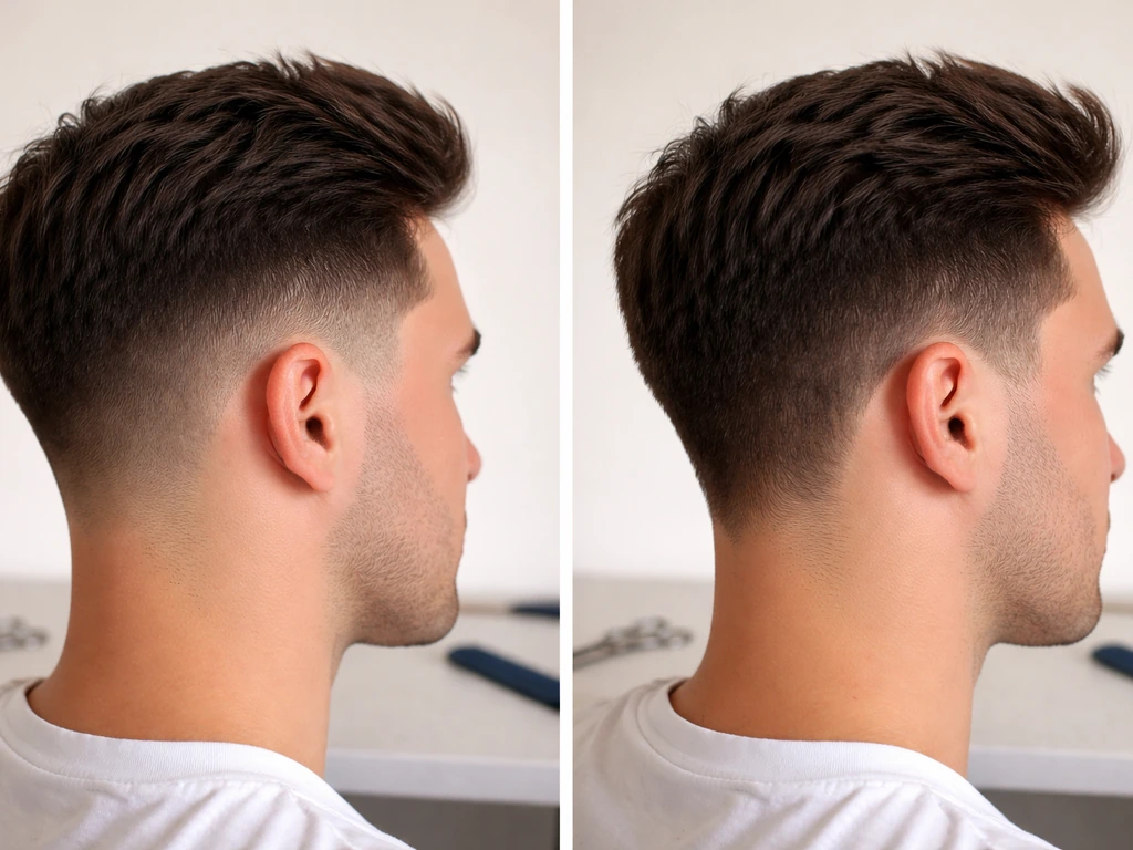 Two close-up views of a haircut: one with a soft taper line, one grown-out with less defined sides.