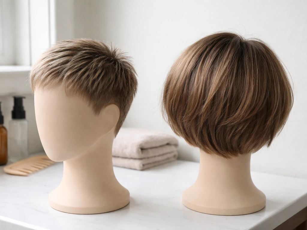Two adjacent mannequin heads showing short pixie and bob-zone transitioning hair lengths side by side.
