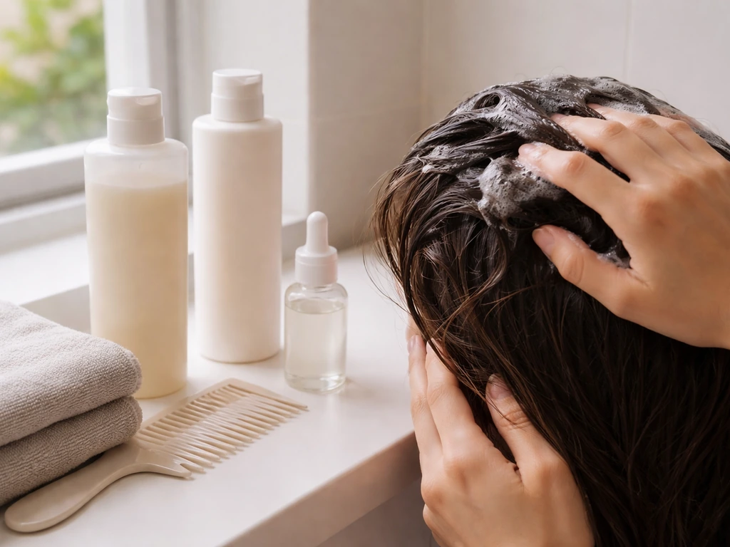 Minimal photo of a weekly hair-care setup with shampoo, conditioner, comb, and leave-in products on a counter.