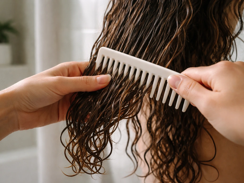 Close-up of hands gently detangling wet hair with a wide-tooth comb, starting at the ends.